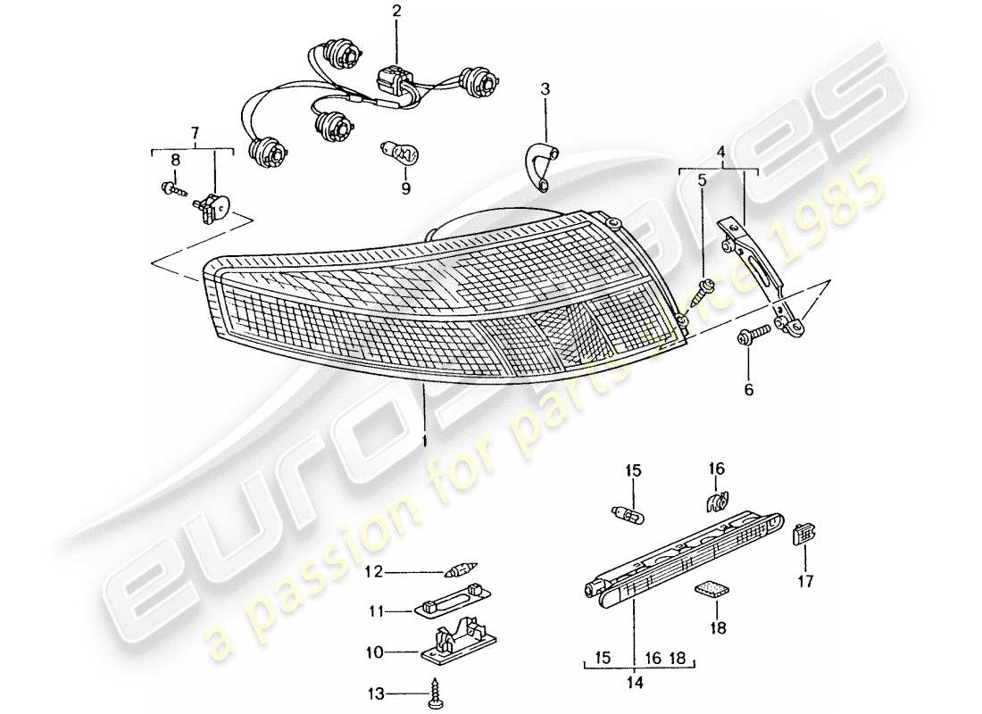 porsche 996 t/gt2 (2002) rear light - license plate light - additional brake light part diagram