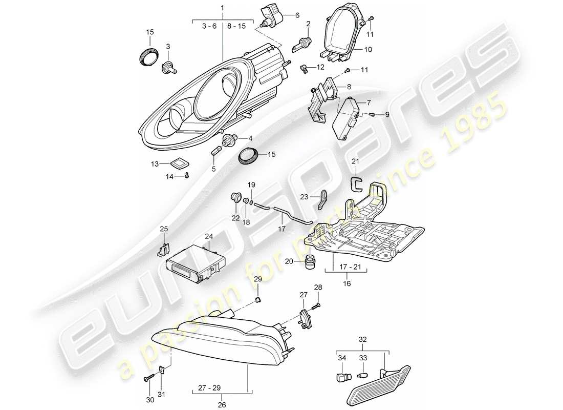 porsche boxster 987 (2010) headlamp part diagram