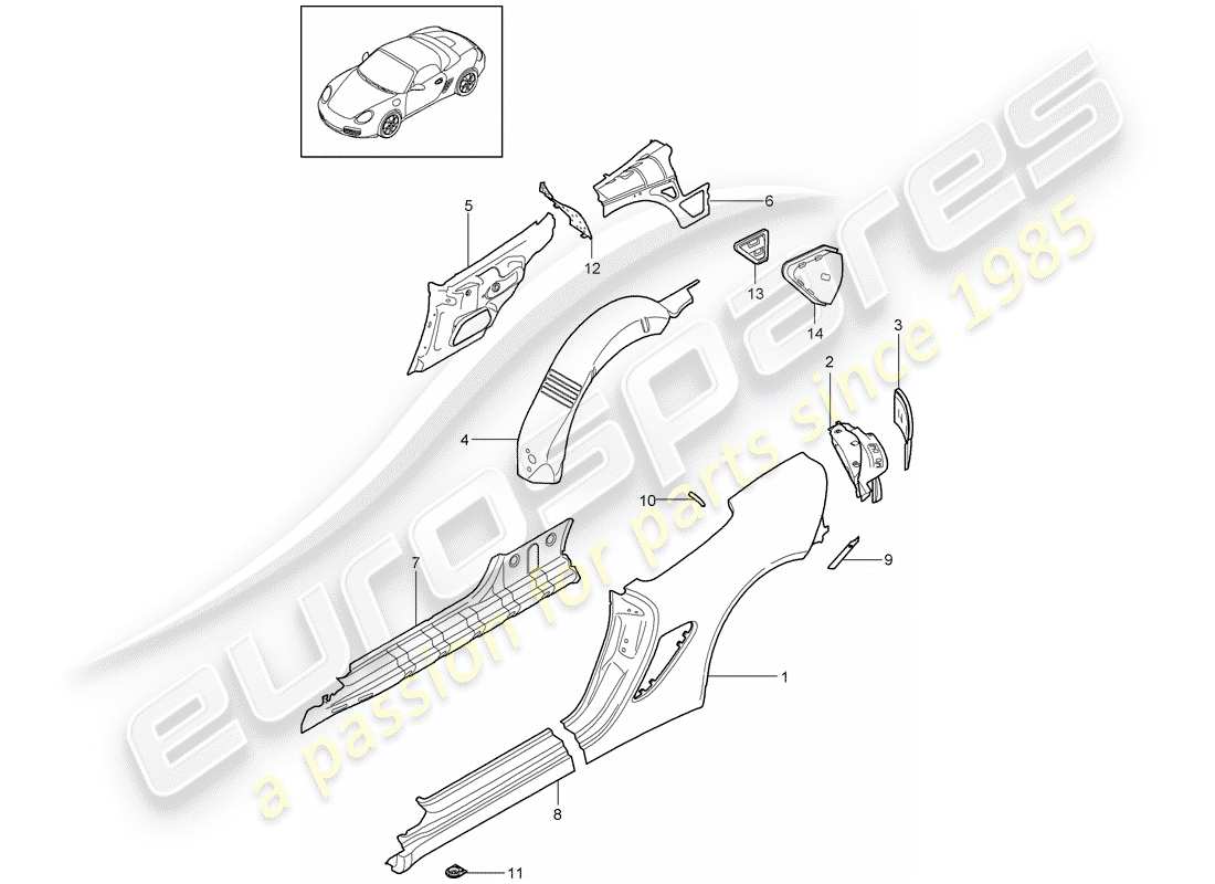 porsche boxster 987 (2010) side panel part diagram