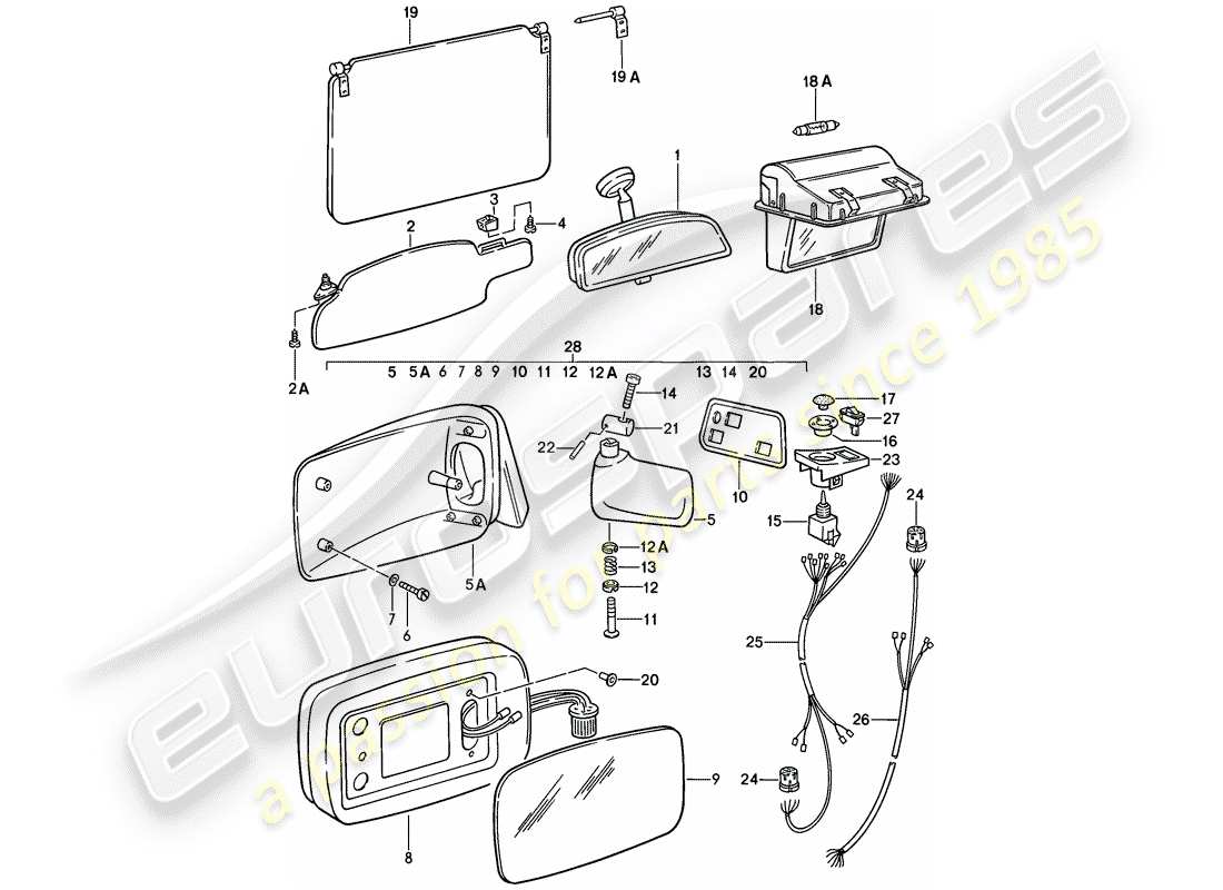 porsche 928 (1979) sun vizor - rear view mirror - rear view mirror inner - vanity mirror part diagram