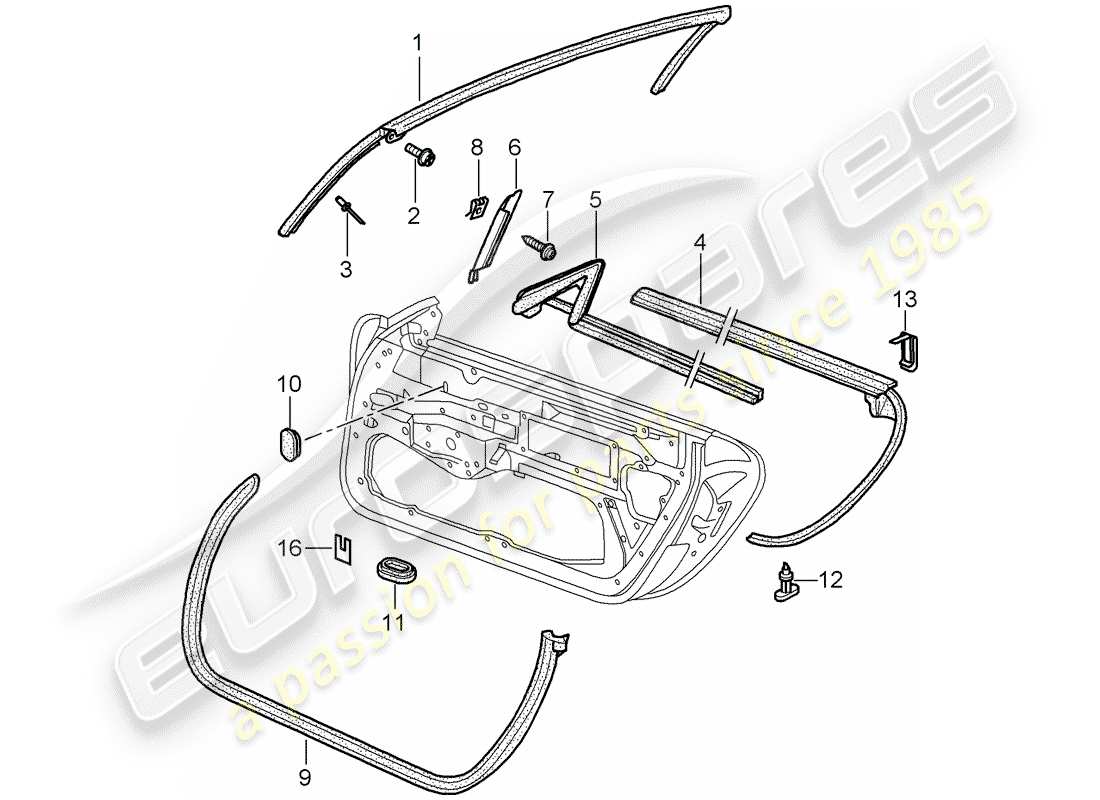 porsche 996 (2004) door seal - gasket - windshield frame part diagram