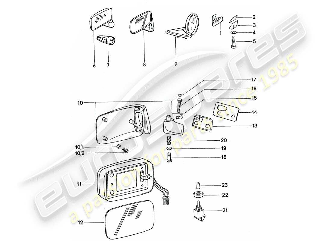 porsche 911 turbo (1977) rear view mirror inner - rear view mirror part diagram