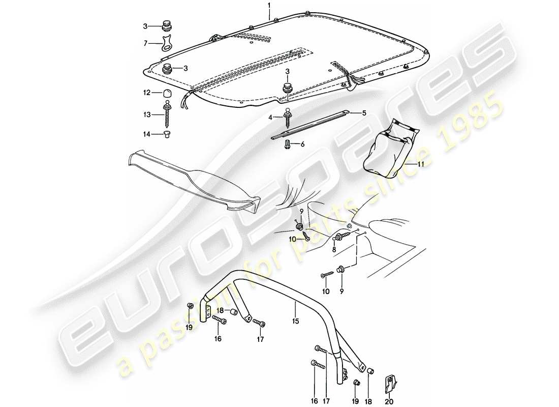 porsche 911 (1987) tonneau cover - cover clip part diagram