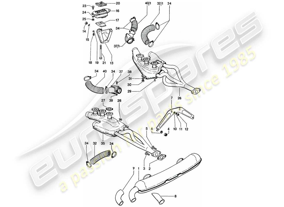 porsche 914 (1974) exhaust system - heating air supply - engine suspension part diagram