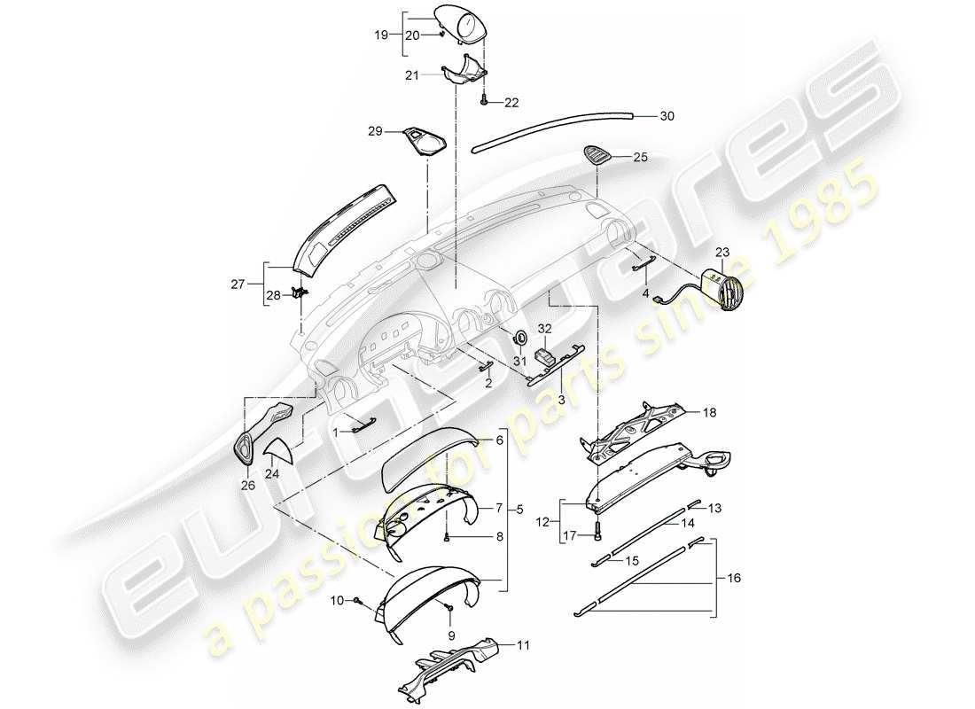 porsche cayman 987 (2008) dash panel trim part diagram