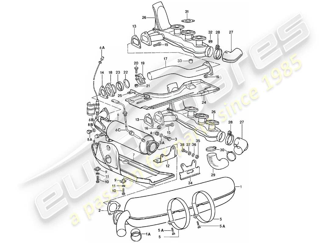 porsche 911 (1982) exhaust system part diagram