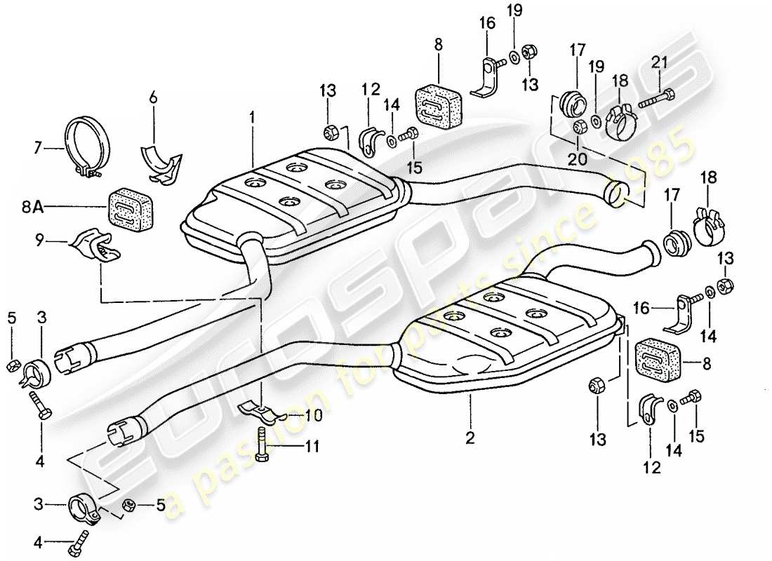 porsche 928 (1987) exhaust system - intermediate silencer part diagram