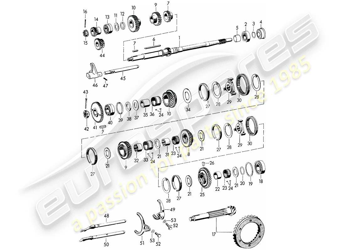 porsche 356/356a (1951) gears and shafts - for - transmission part diagram