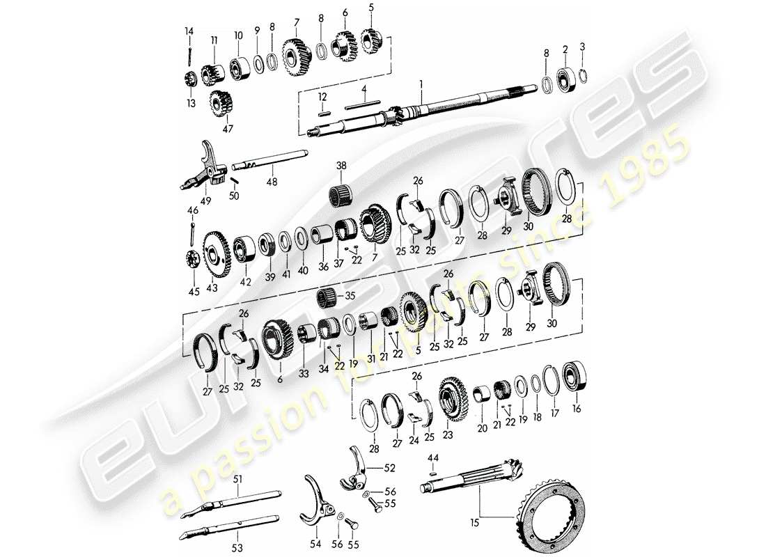 porsche 356b/356c (1962) speed - transmission - gears and shafts part diagram