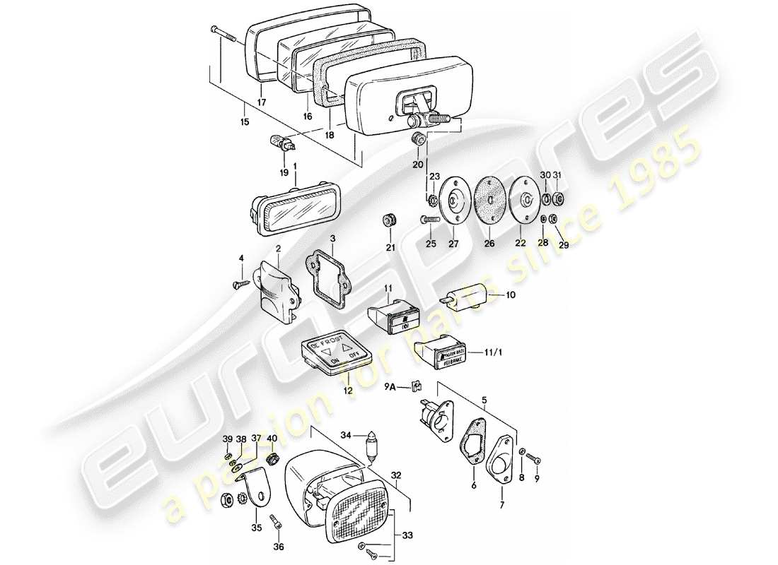 porsche 911 (1983) interior lights - fog lights part diagram