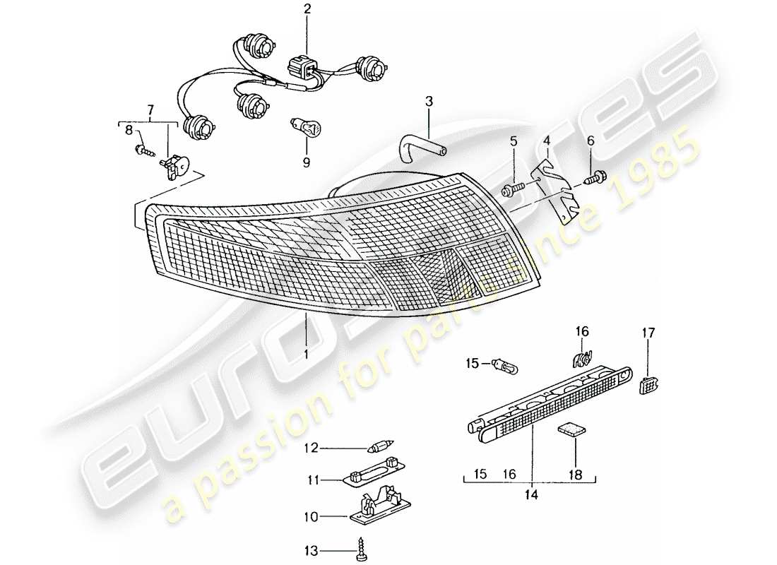 porsche 996 gt3 (2002) rear light - license plate light - additional brake light part diagram