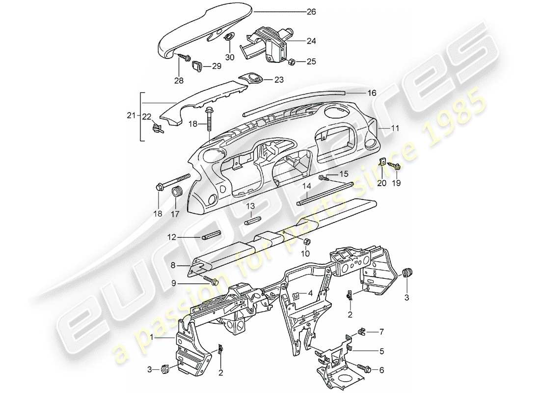 porsche 996 (2001) dash panel trim - with: - retaining frame part diagram