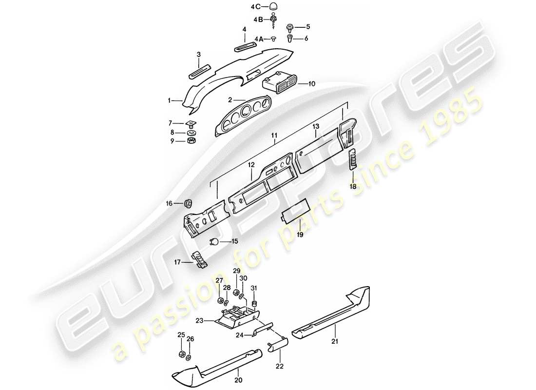 porsche 911 (1986) dash panel trim - with installation parts - d >> - mj 1985 part diagram