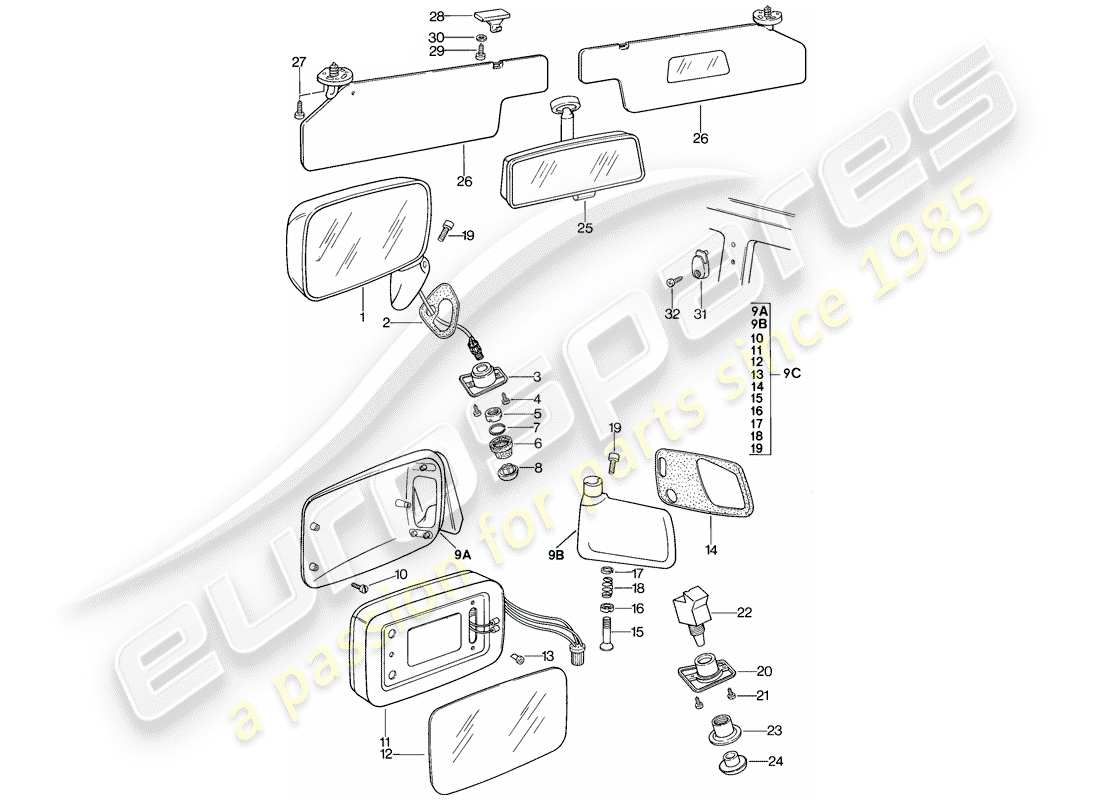 porsche 944 (1983) rear view mirror inner - rear view mirror - sun vizor part diagram