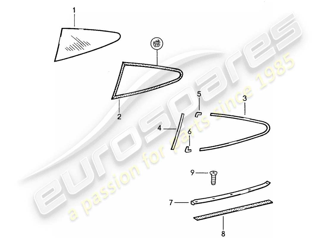 porsche 959 (1987) window glazing part diagram