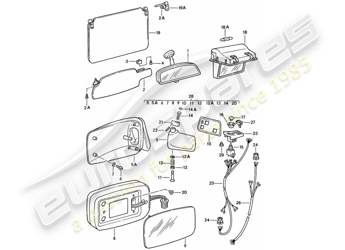 porsche 928 (1986) rear view mirror inner - sun vizor - rear view mirror part diagram