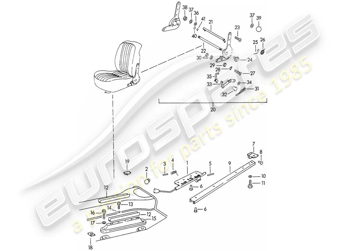 porsche 356b/356c (1965) seat rail - and - reclining seat mechanism part diagram