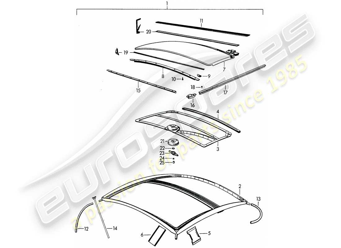 porsche 356b/356c (1963) sunroof - mechanical part diagram