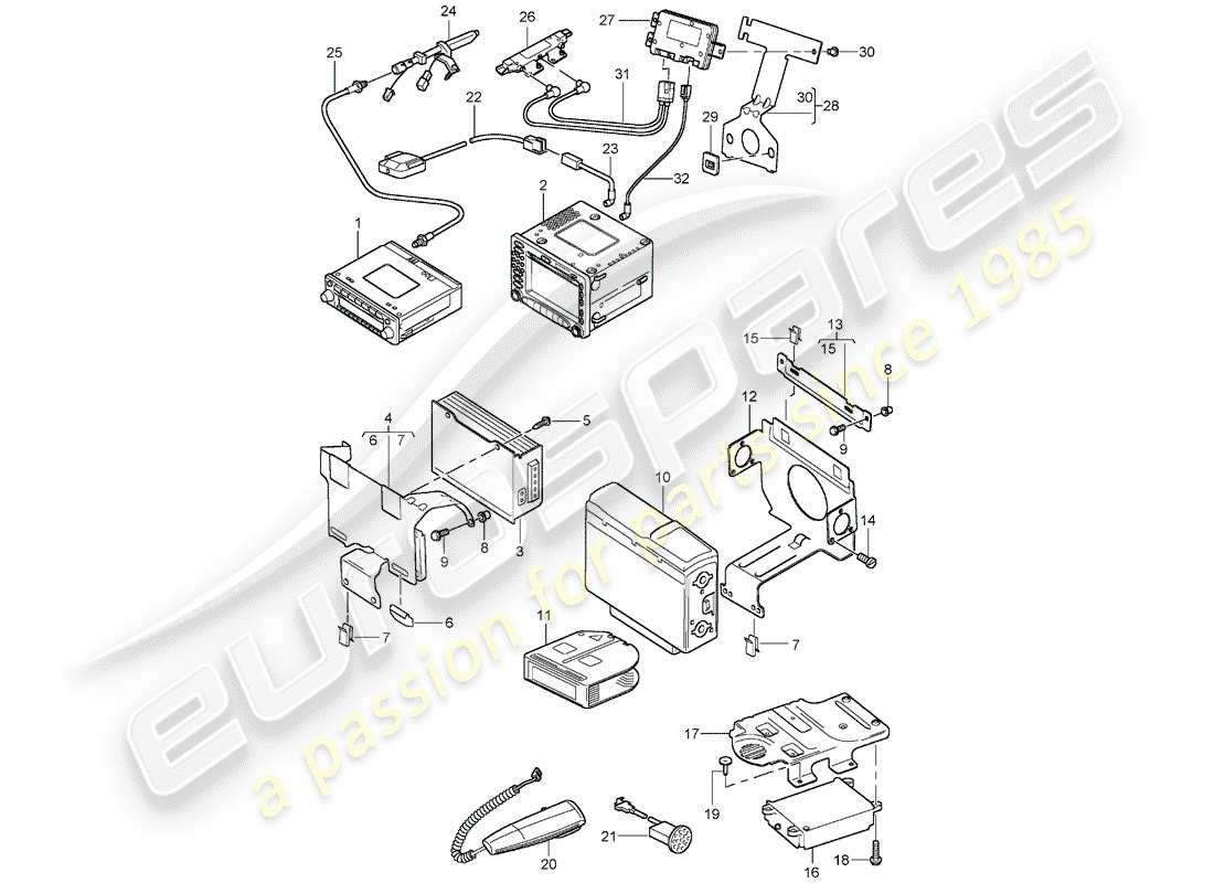 porsche 996 (2002) radio unit - amplifier - navigation system - telephone - d - mj 2003>> part diagram