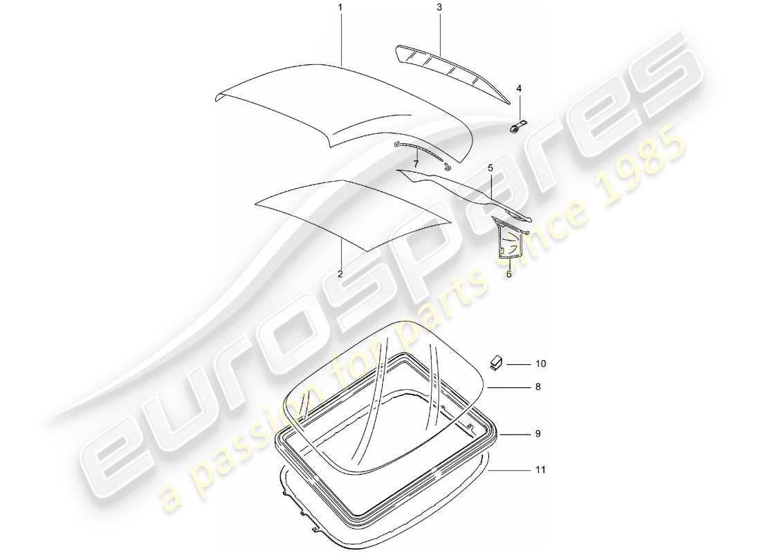 porsche 996 (2002) convertible top covering - roof trim panel part diagram