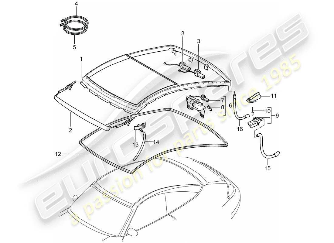 porsche 996 (2002) glass roof part diagram