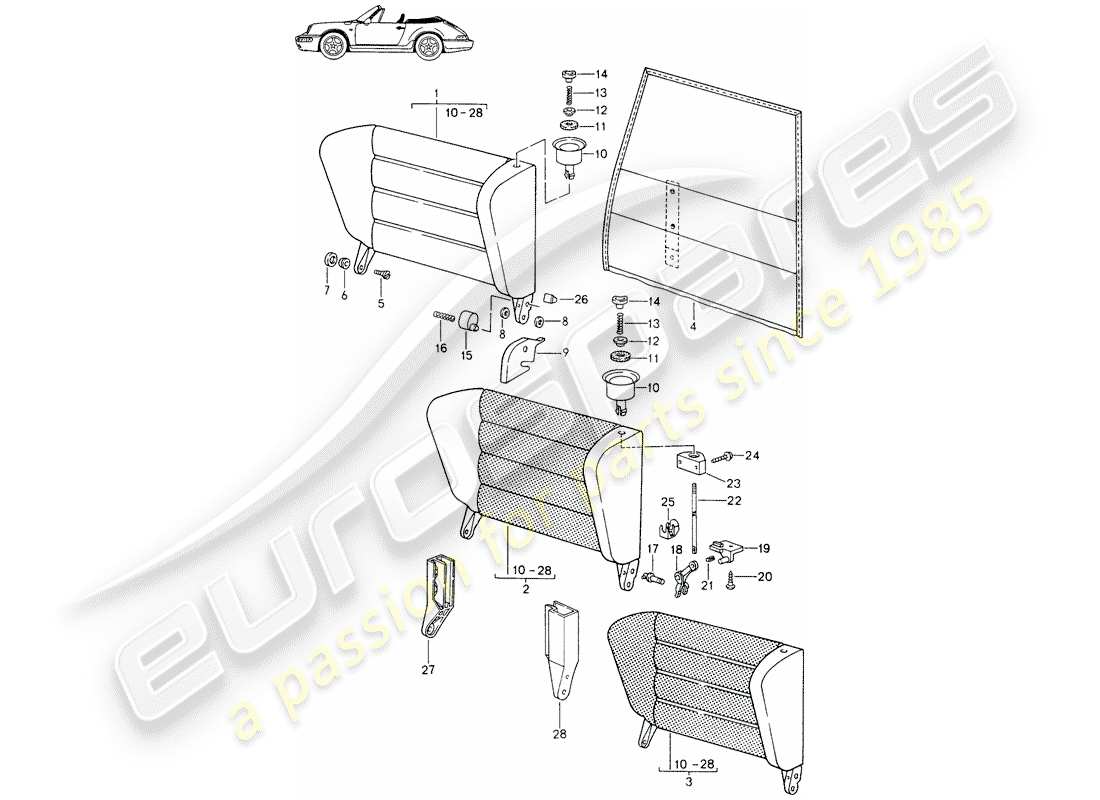 porsche seat 944/968/911/928 (1985) emergency seat backrest - with: - release button - d - mj 1991>> - mj 1994 part diagram