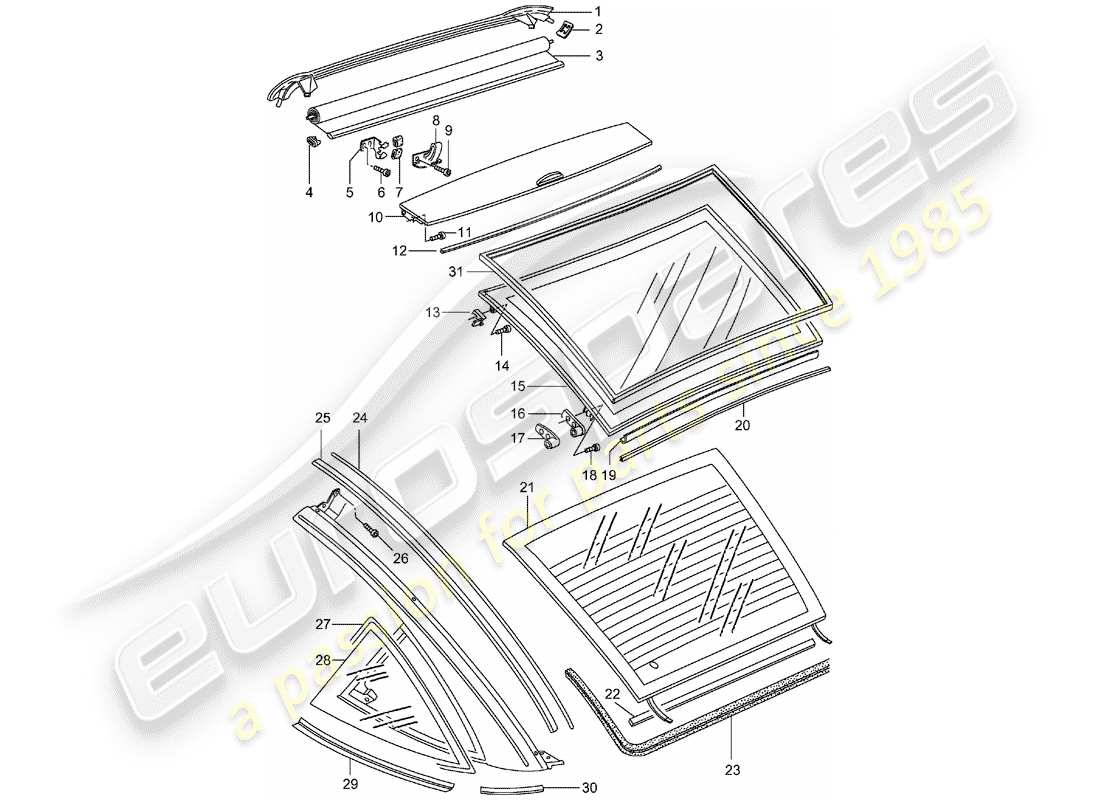 porsche 993 (1996) glass roof part diagram