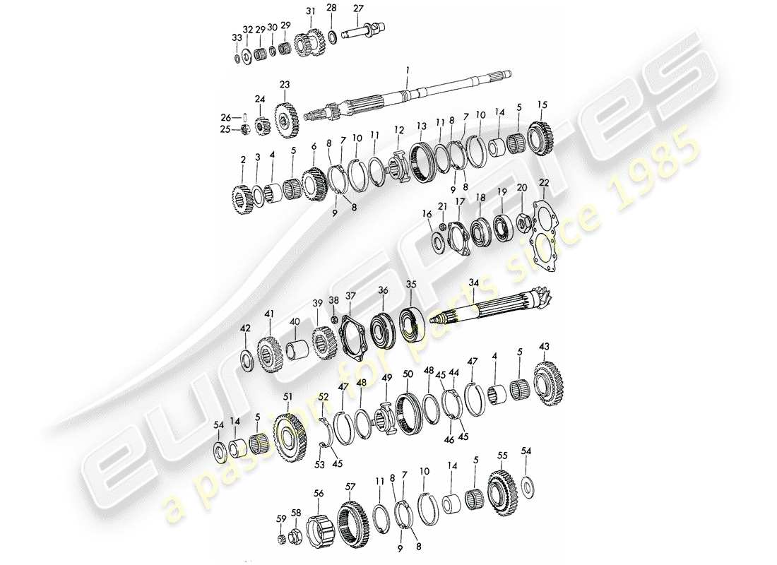 porsche 911 (1973) gears and shafts - 5-speed - transmission - d - mj 1972>> part diagram