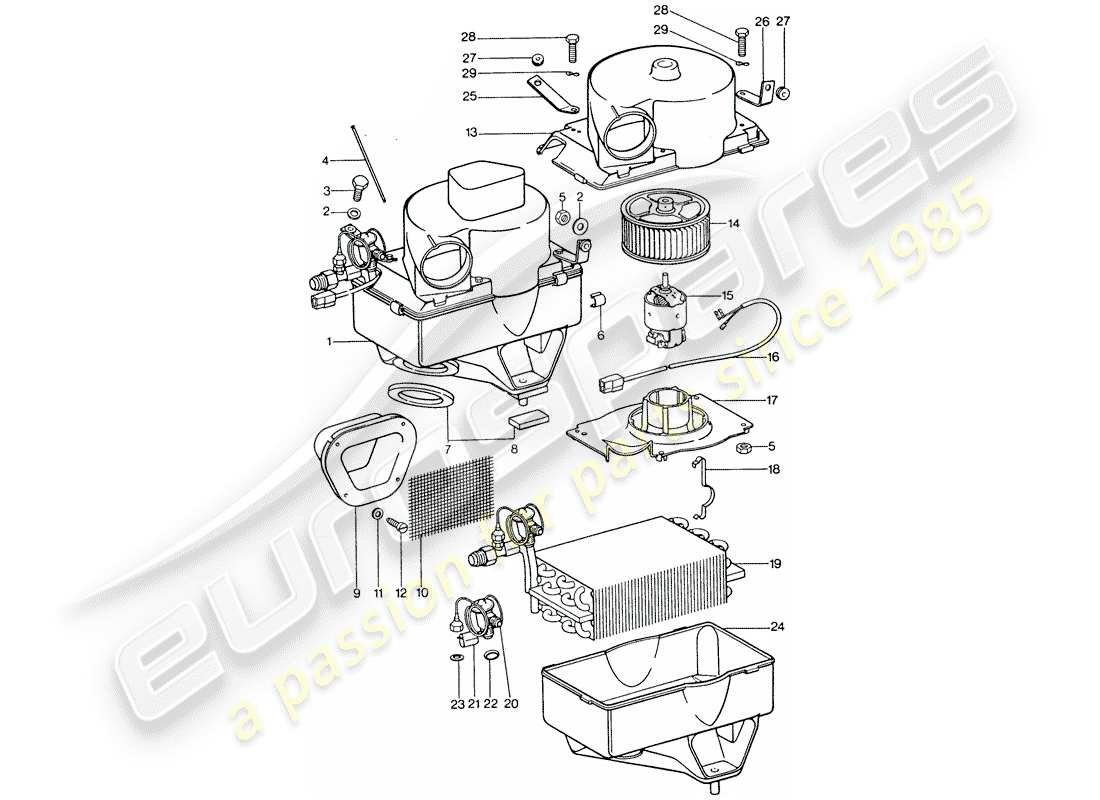 porsche 911 (1976) air conditioner - evaporator - evaporator housing - accessories part diagram