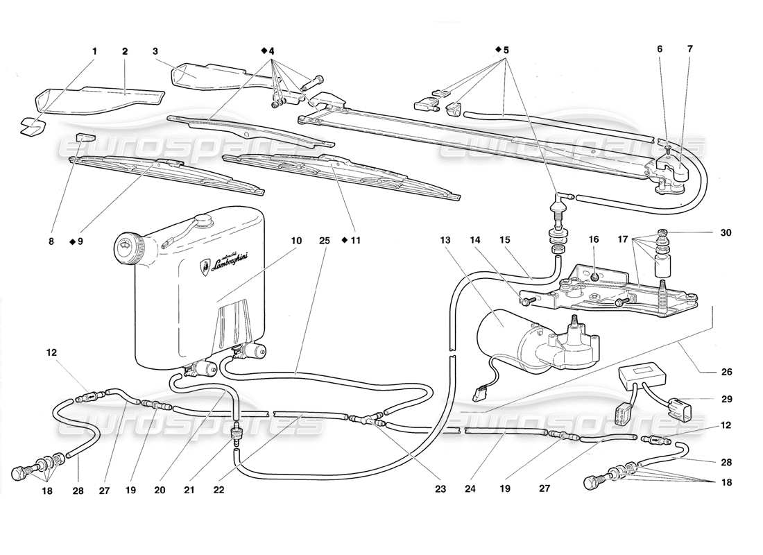 lamborghini diablo roadster (1998) windscreen wiper and headlamp washers part diagram