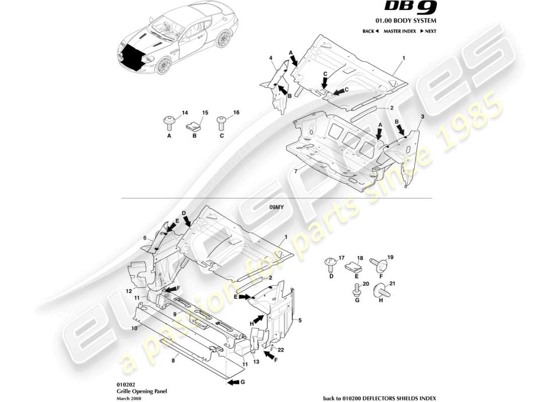 aston martin db9 (2012) grille opening panel part diagram