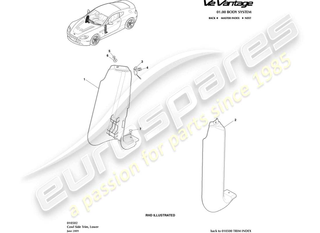 aston martin v12 vantage (2012) cowl side trim, lower part diagram