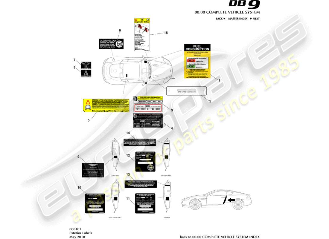 aston martin db9 (2012) exterior labels part diagram