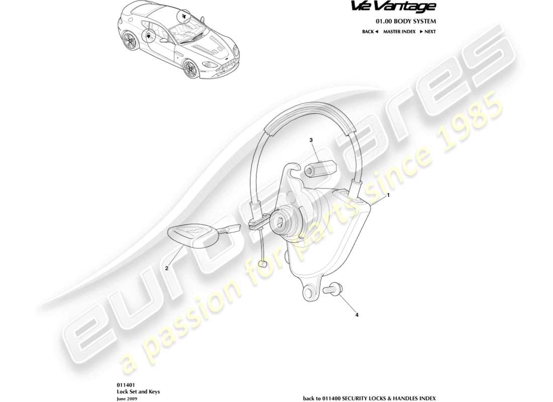 aston martin v12 vantage (2012) lock set and keys part diagram