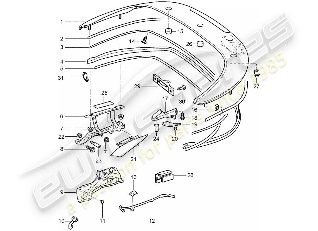 porsche 996 (2001) top stowage box - cover - gaskets part diagram