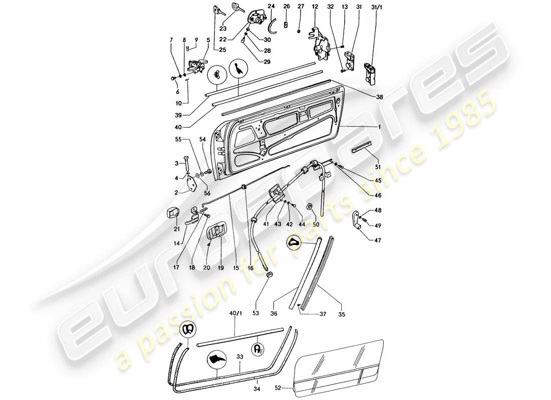 porsche 914 (1973) door - with installation parts part diagram