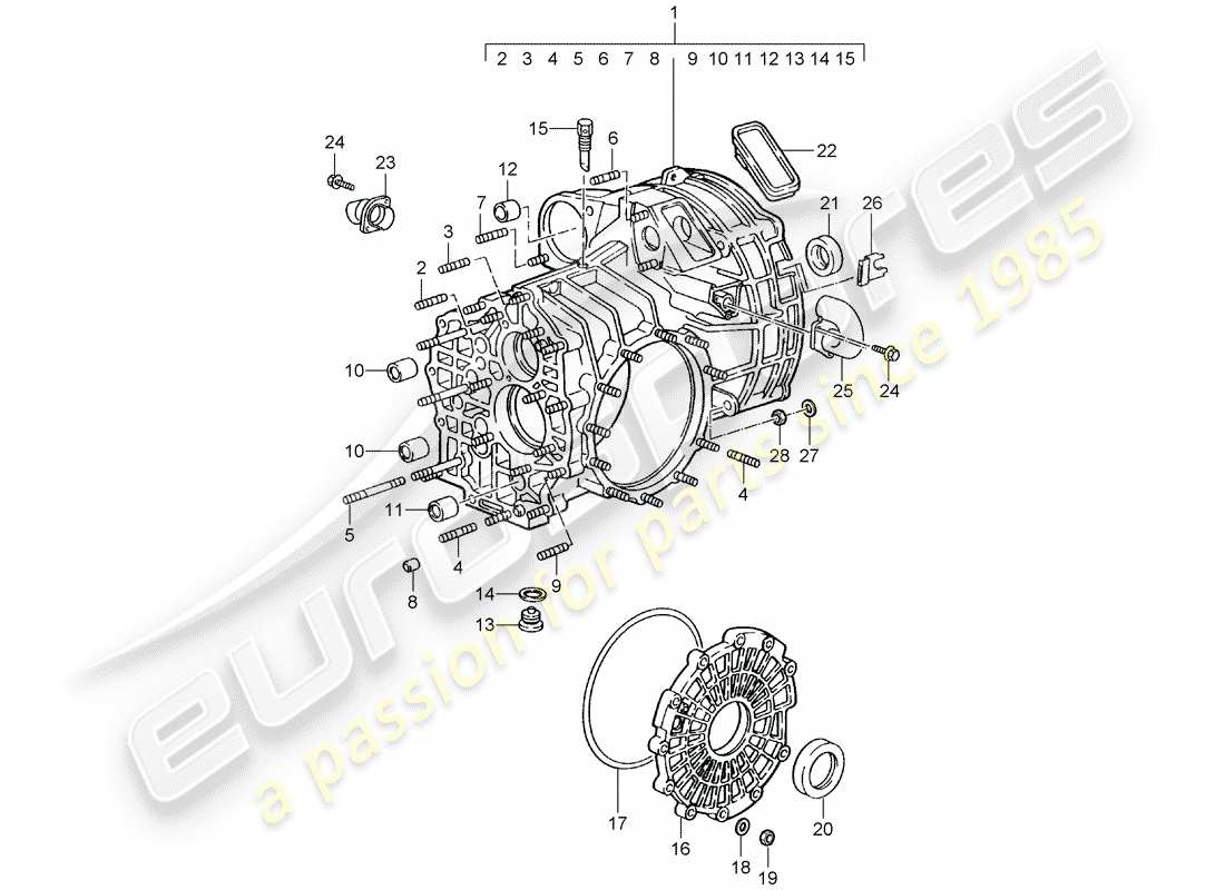 porsche 993 (1998) replacement transmission - ready for installation - transmission case part diagram