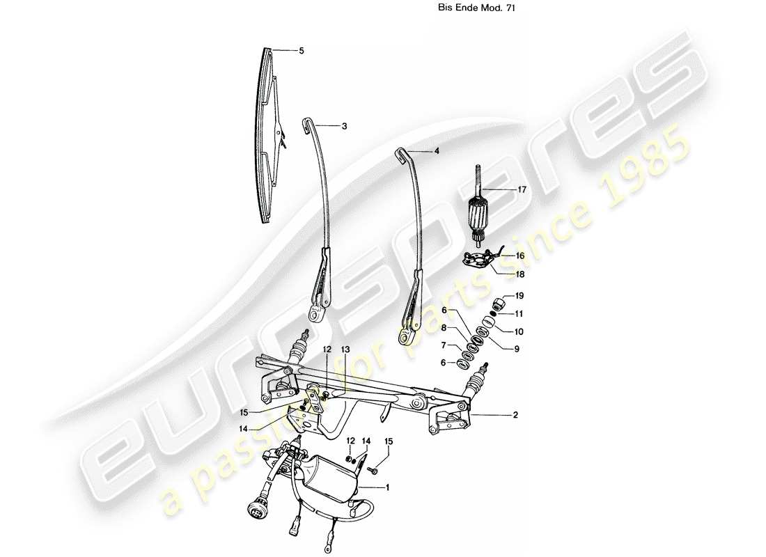 porsche 914 (1973) windscreen wiper system - d >> - mj 1971 part diagram