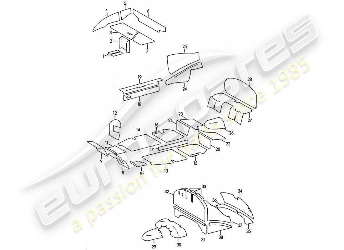 porsche 356b/356c (1962) body shell - damping mat part diagram