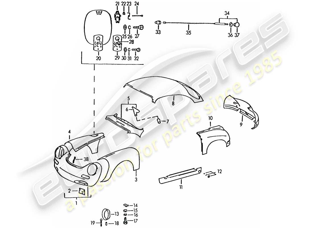 porsche 356b/356c (1961) exterior panelling part diagram