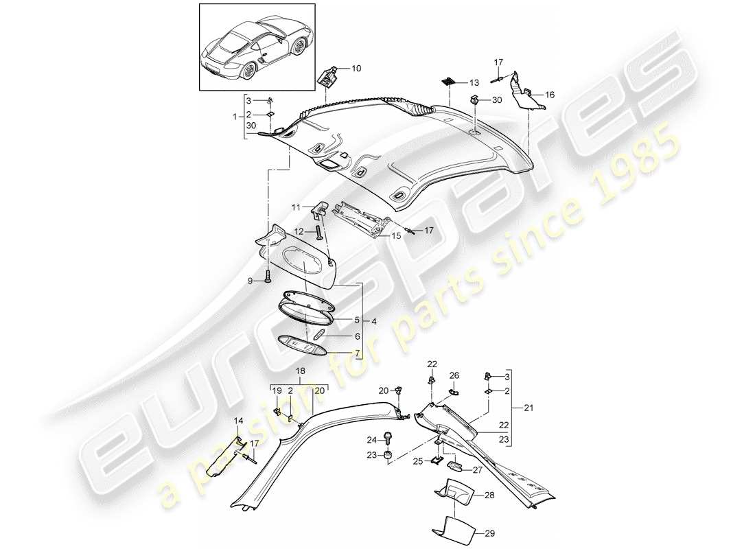 porsche cayman 987 (2008) roof trim panel part diagram