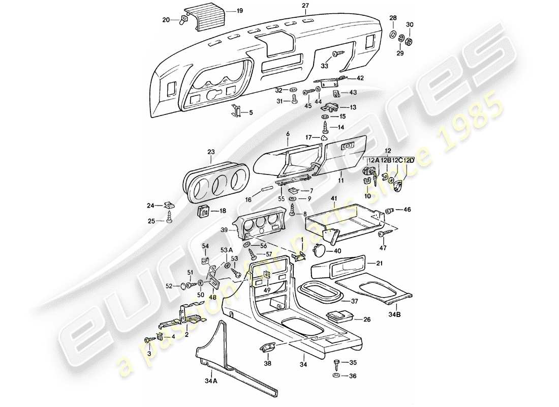 porsche 924 (1982) dashboard - center console part diagram