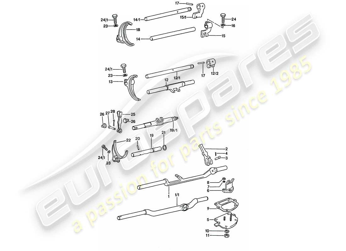 porsche 911 (1976) shift rods - shift forks part diagram