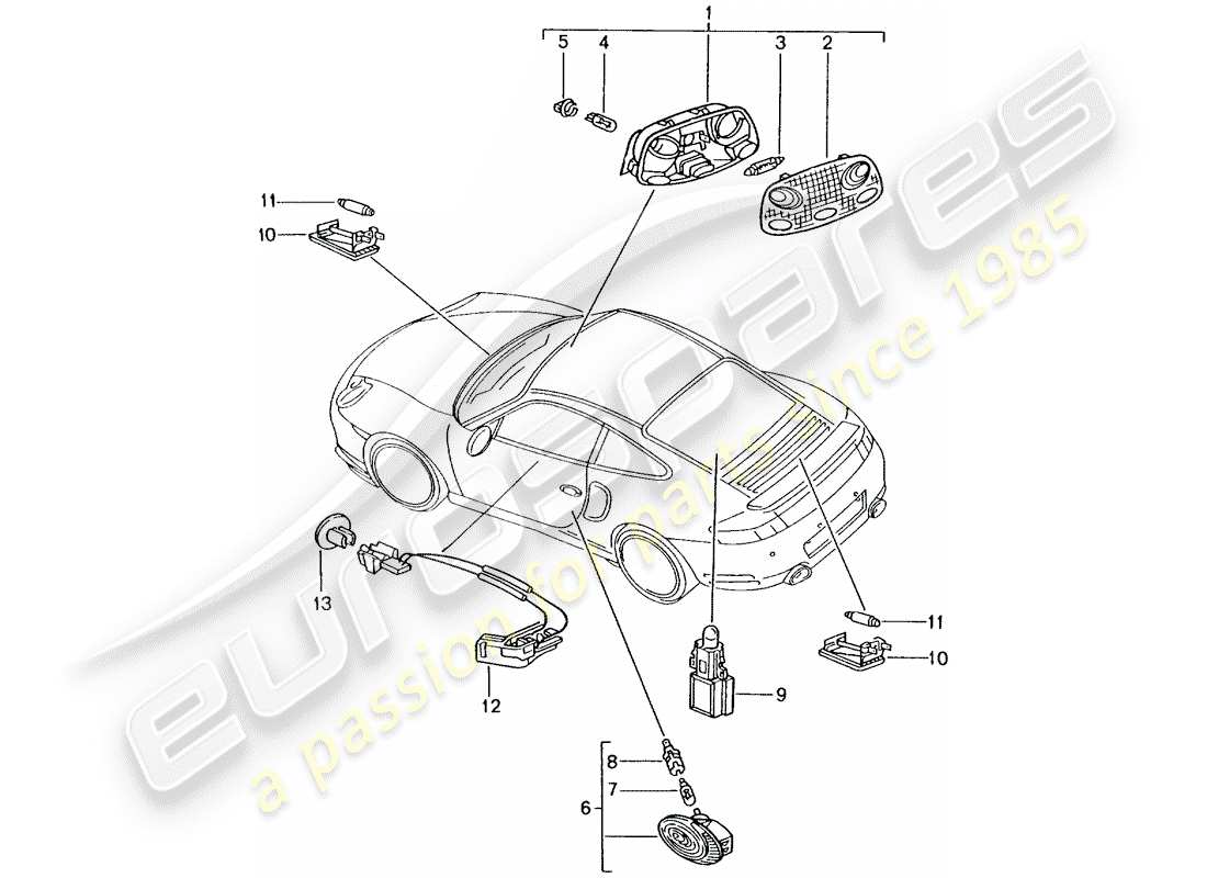 porsche 996 t/gt2 (2004) interior light - luggage compartment lamp - engine compartment light - footwell light - glove box light - door handle ilumination - interior release part diagram