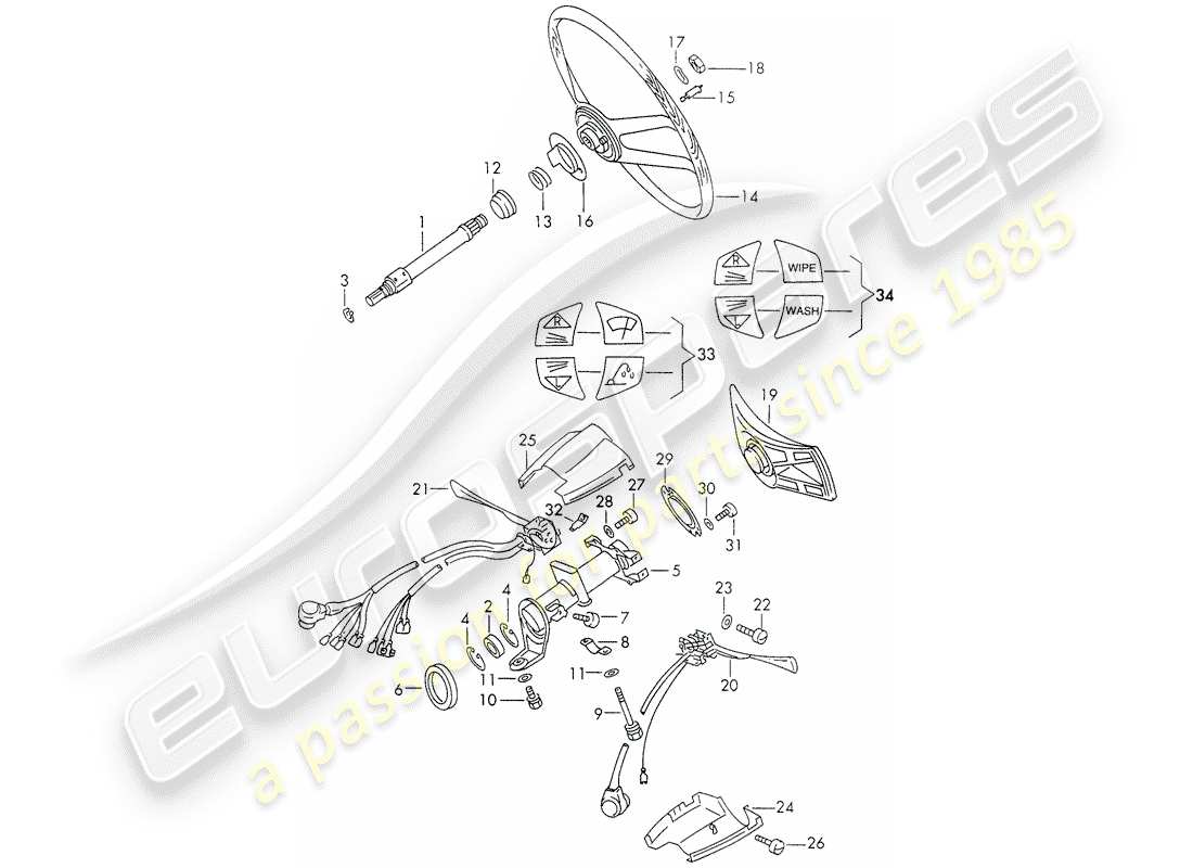 porsche 911 (1971) intermediate steering shaft - steering wheel - steering column switch part diagram