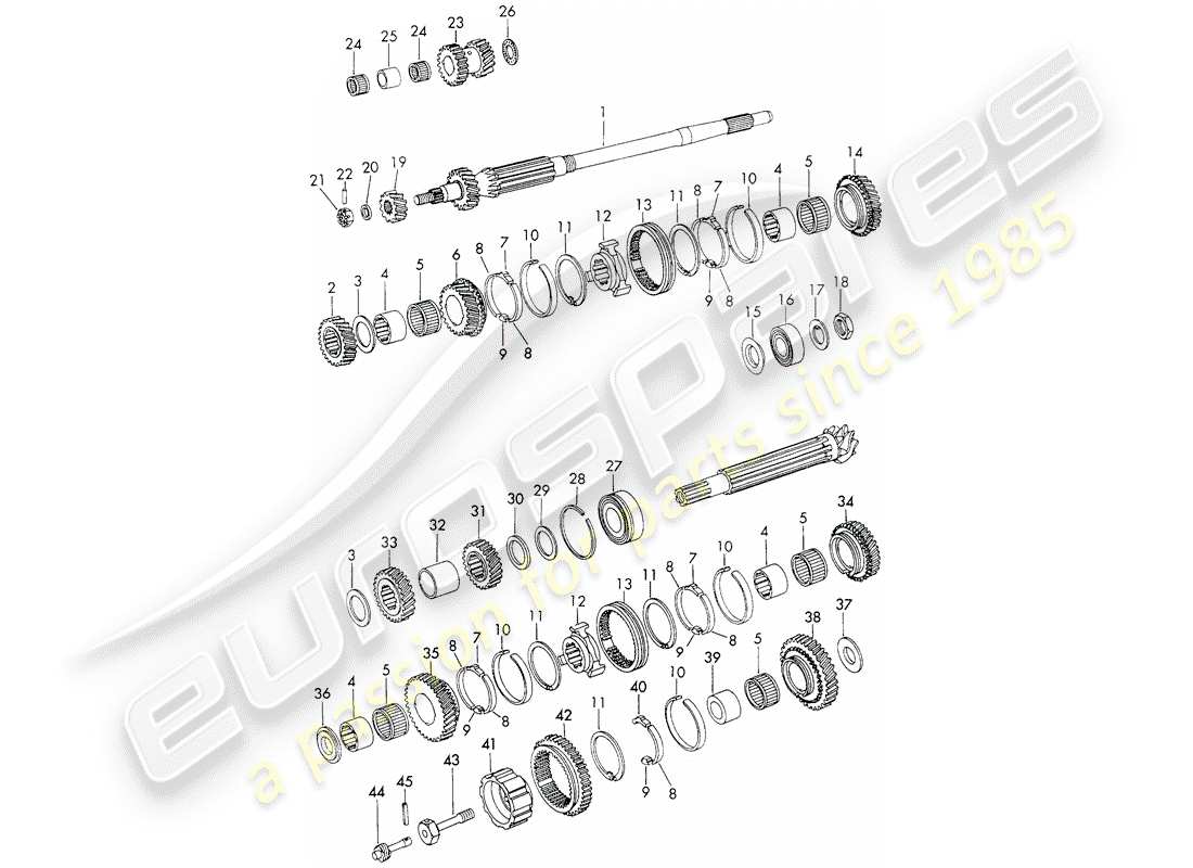 porsche 911 (1973) gears and shafts - 5-speed - transmission - d >> - mj 1971 part diagram