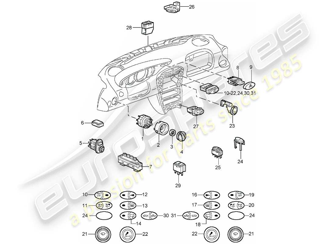 porsche 996 t/gt2 (2004) switch part diagram