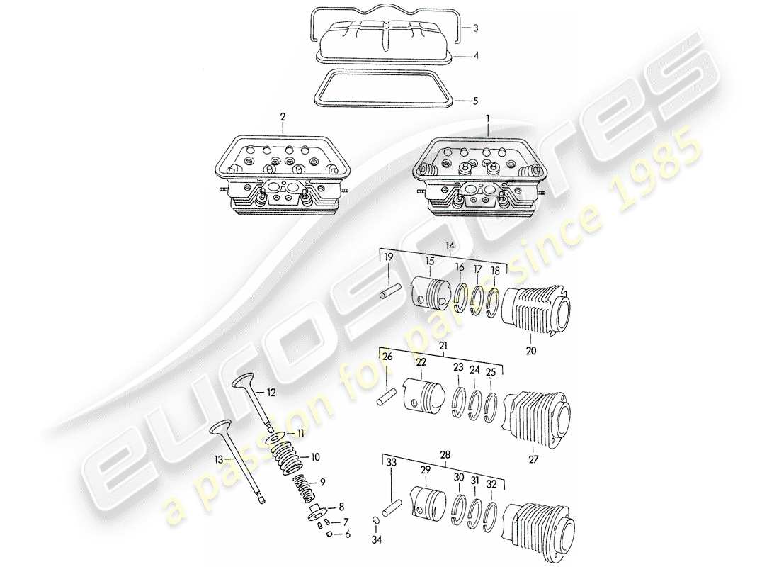 porsche 356/356a (1958) cylinder head - cylinder with pistons - m >> 10 199 - m >> 21 780 - m >> 50 099 - m >> 21 999 - m >> 33 899 - m >> 40 999 part diagram