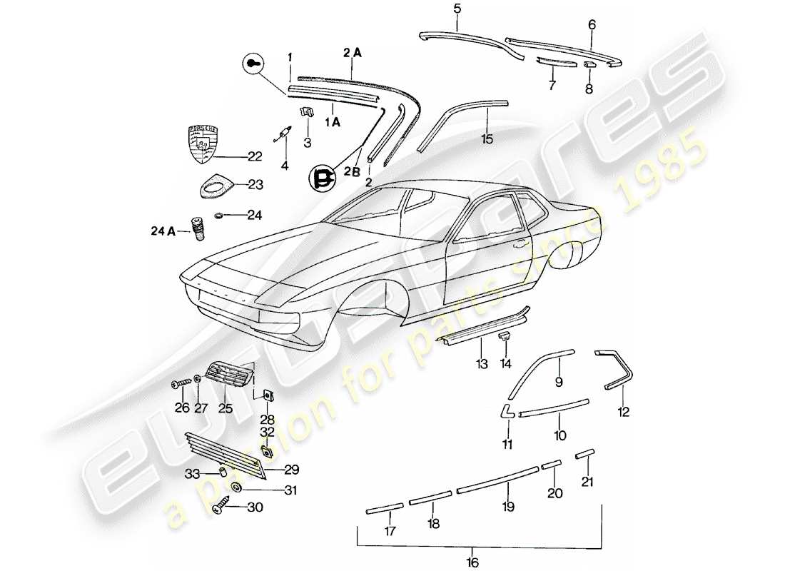 porsche 924 (1982) decorative fittings part diagram