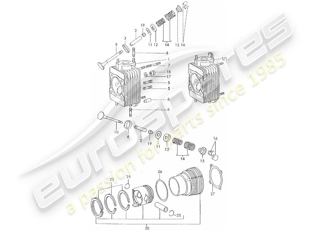 porsche 911 (1971) cylinder head - cylinder with pistons - d - mj 1972>> part diagram